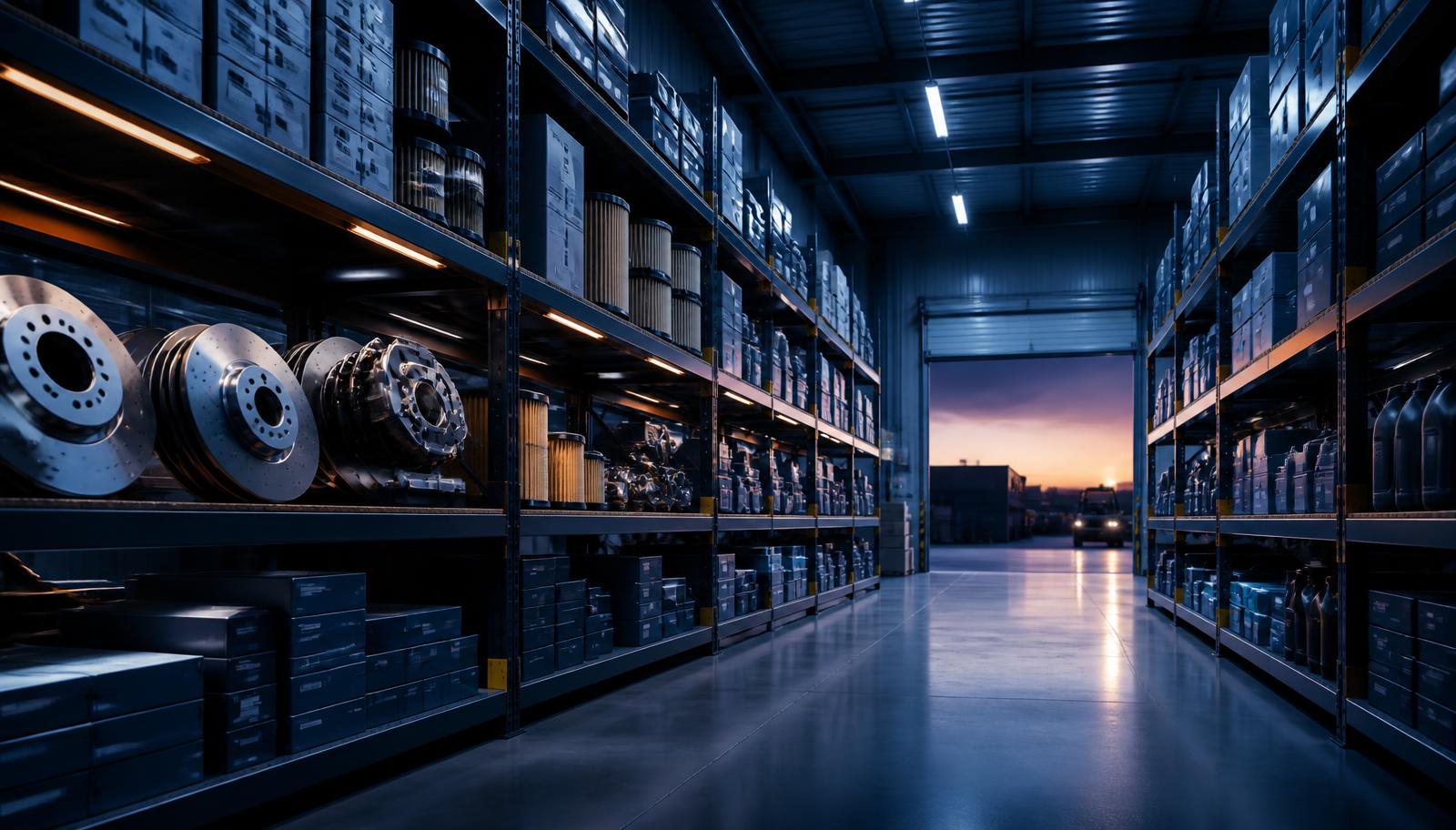Warehouse aisle stocked with brake rotors, filters and boxed auto parts